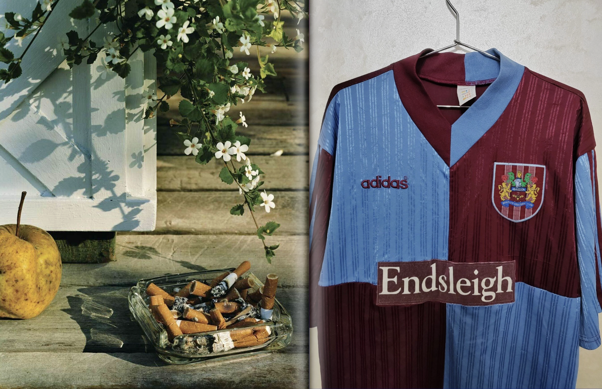 Brand narrative reference — still life and archival Endsleigh-era Burnley jersey