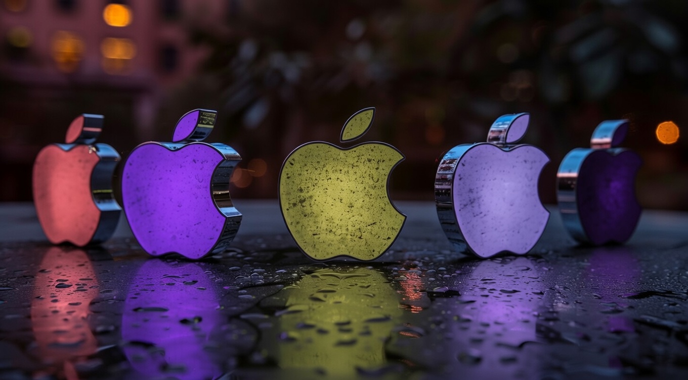 Tech iconography reference — colorful Apple logos on reflective surface