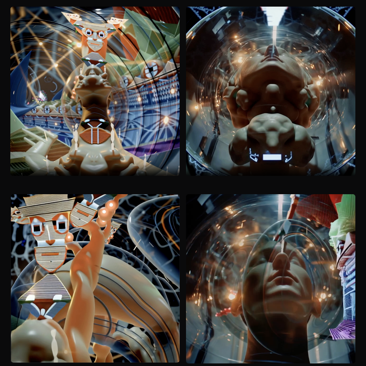 Complete+ consciousness visualization grid — 4 MidJourney stills: pop-art ceremonial figures and glass-sphere dream-processing heads